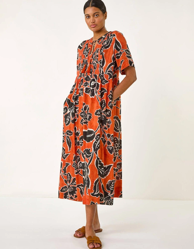 Leaf Print Tie Front Midi Dress - Rust