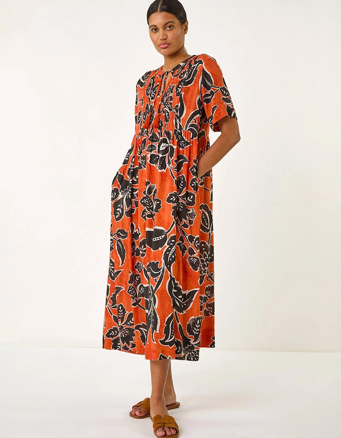 Leaf Print Tie Front Midi Dress - Rust, 2 of 1