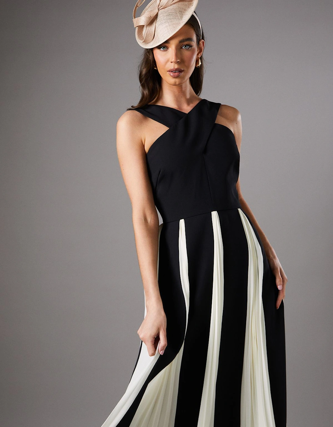 Cross Front Pleat Panelled Maxi Dress