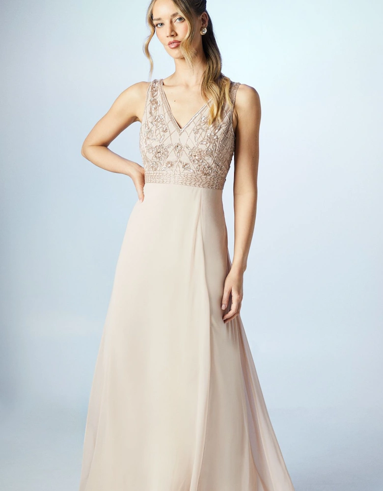 V Neck Embellished Bodice Georgette Bridesmaids Dress