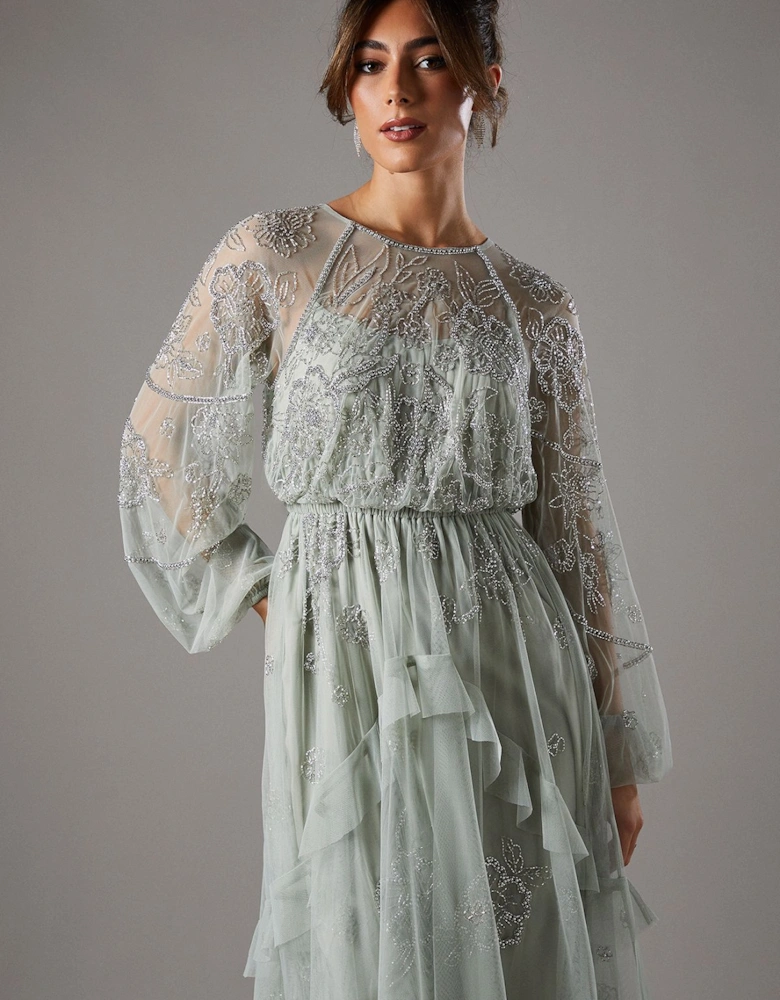 Embellished Frill Chiffon Maxi Dress