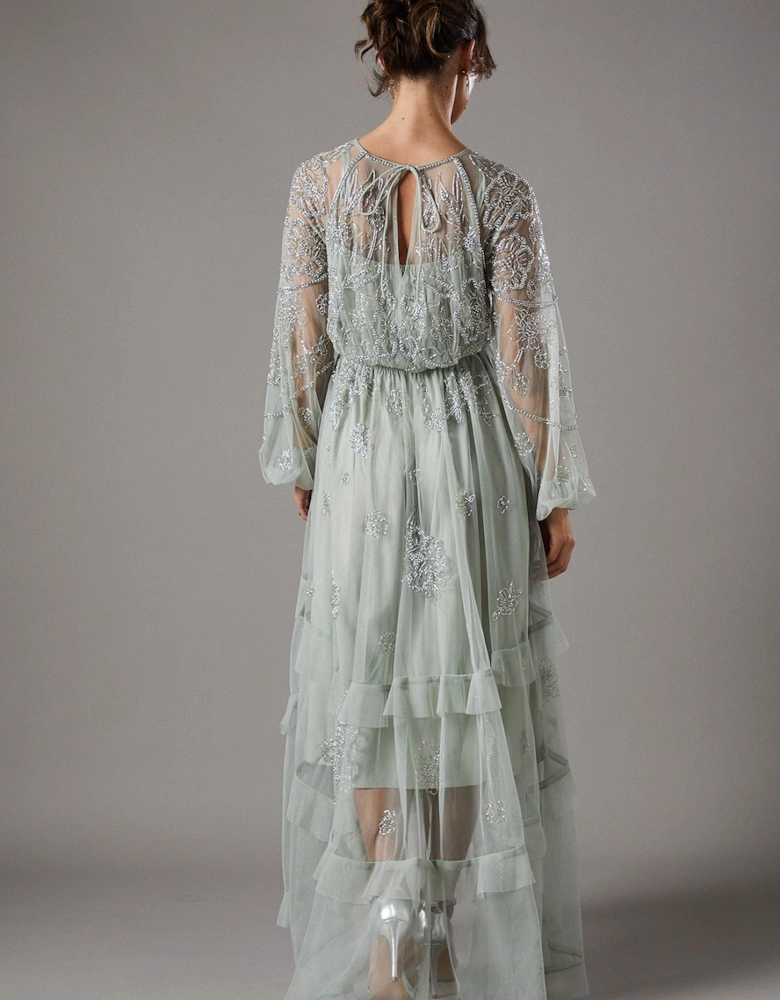 Embellished Frill Chiffon Maxi Dress