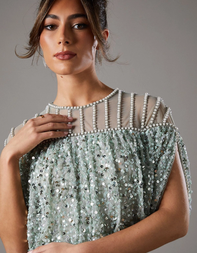 Sequin Embellished Cape Midi Dress