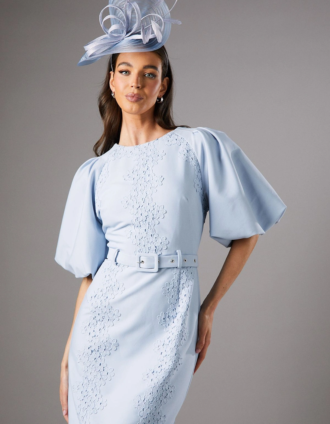 Lace Detail Puff Sleeve Belted Dress