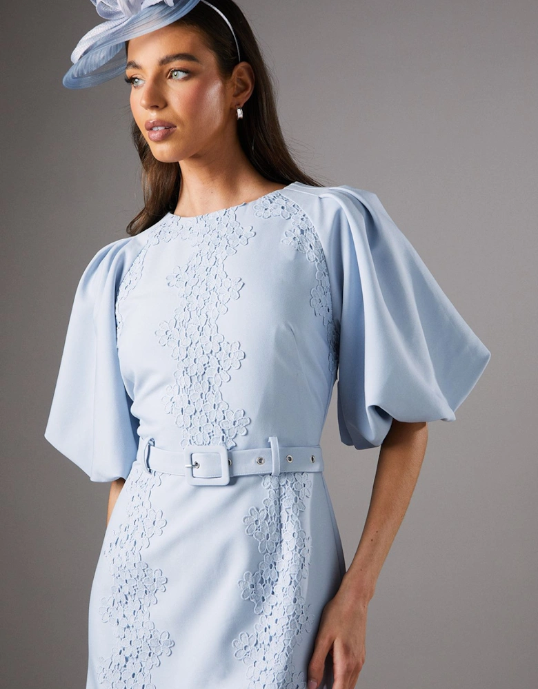 Lace Detail Puff Sleeve Belted Dress