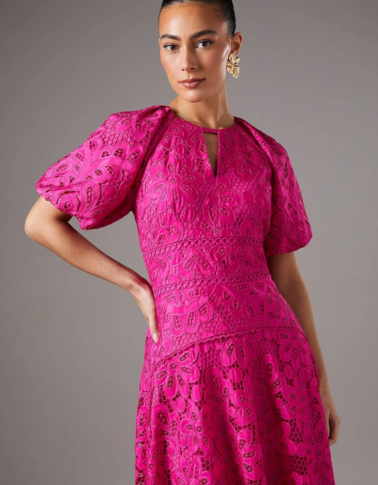 Lace Hanky Hem Puff Sleeve Dress