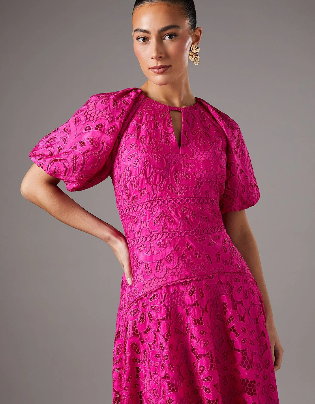 Lace Hanky Hem Puff Sleeve Dress