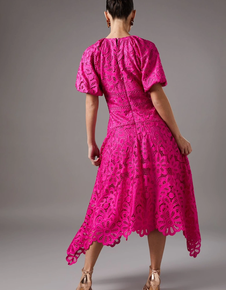 Lace Hanky Hem Puff Sleeve Dress