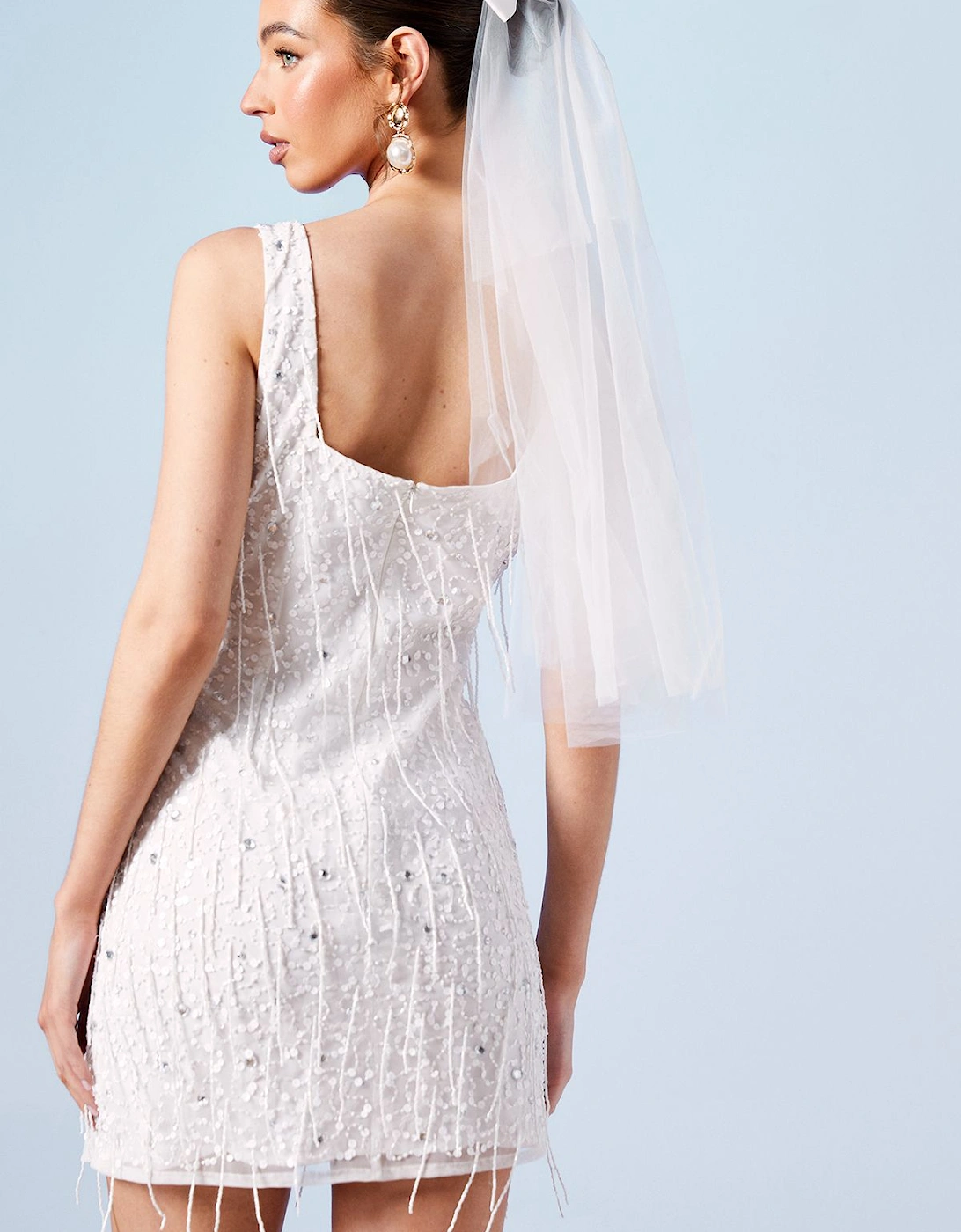 Sequin And Fringe Embellished Bridal Mini Dress