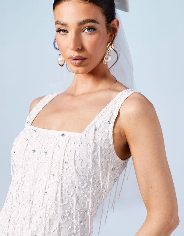 Sequin And Fringe Embellished Bridal Mini Dress