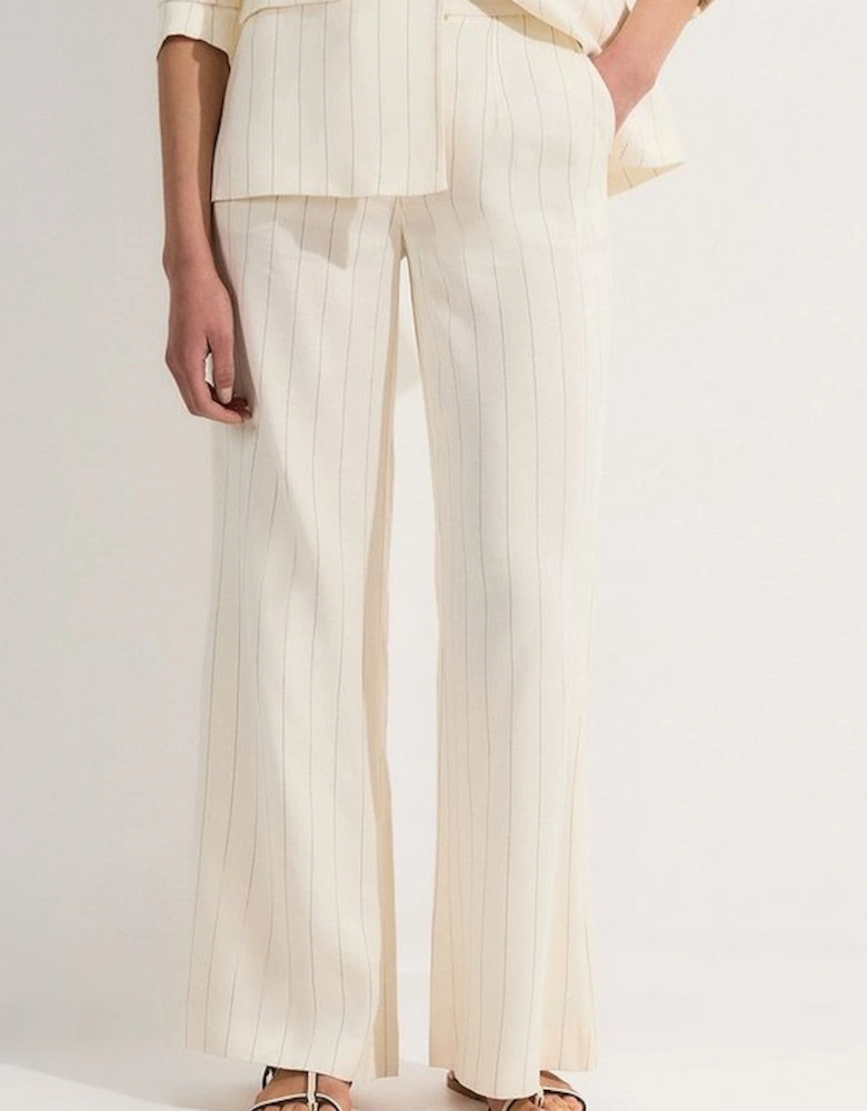 Premium Linen Viscose Pinstripe Tailored Wide Leg Trouser