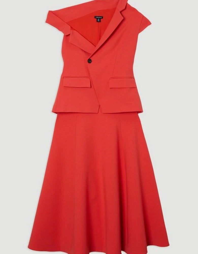 Compact Stretch Asymmetric Collar Belted Full Skirted Tailored Midi Dress