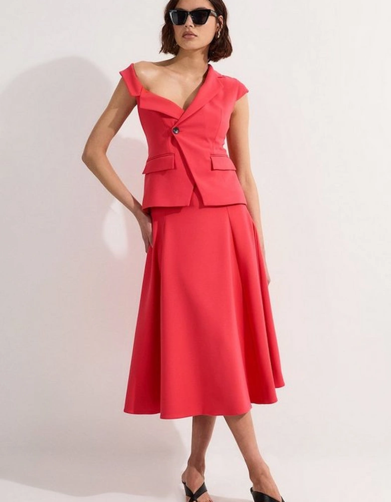 Compact Stretch Asymmetric Collar Belted Full Skirted Tailored Midi Dress