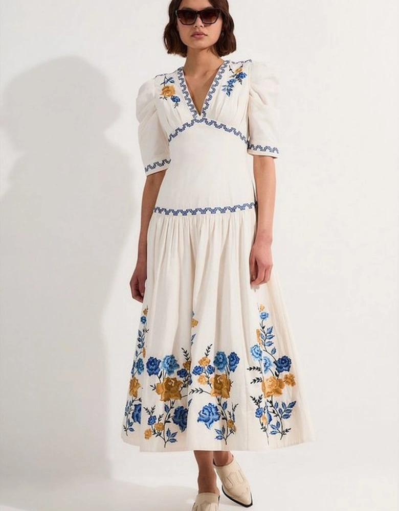 Rose Embroidered Cotton Twill Puff Sleeve Woven Dress With Eyelet Detail