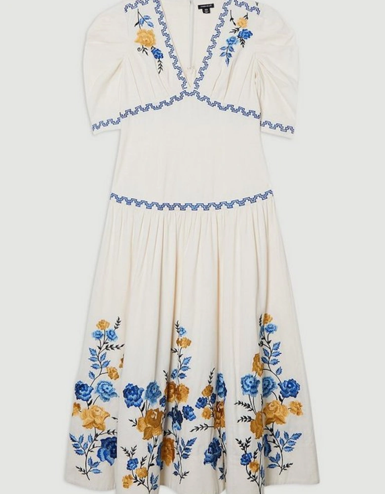 Rose Embroidered Cotton Twill Puff Sleeve Woven Dress With Eyelet Detail