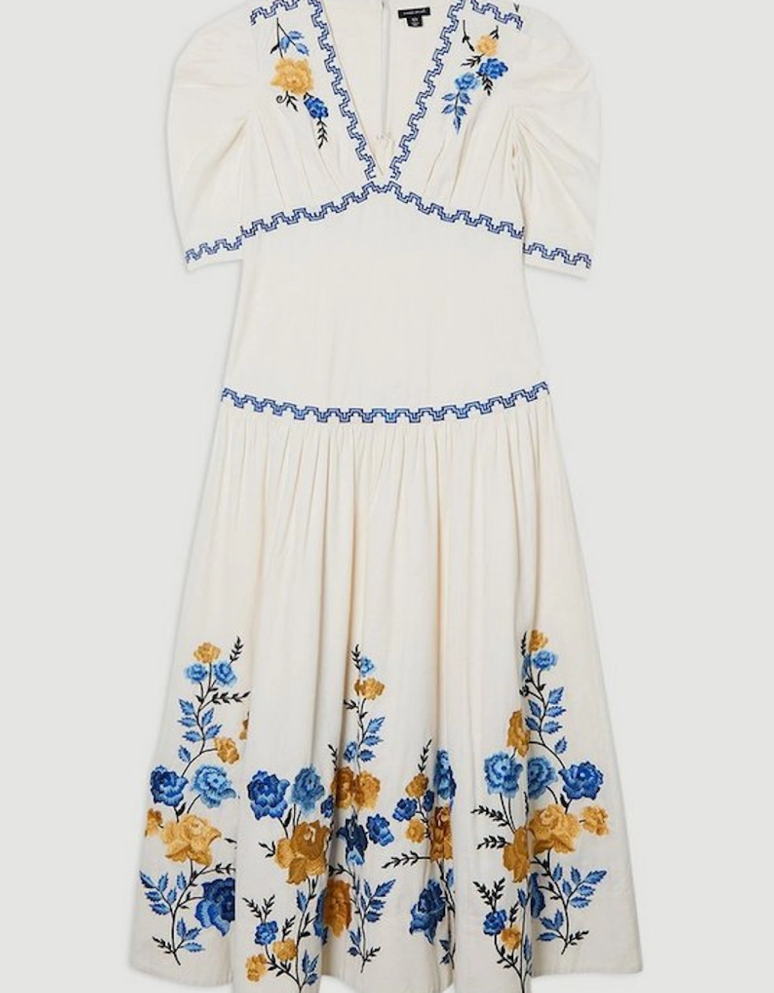 Rose Embroidered Cotton Twill Puff Sleeve Woven Dress With Eyelet Detail