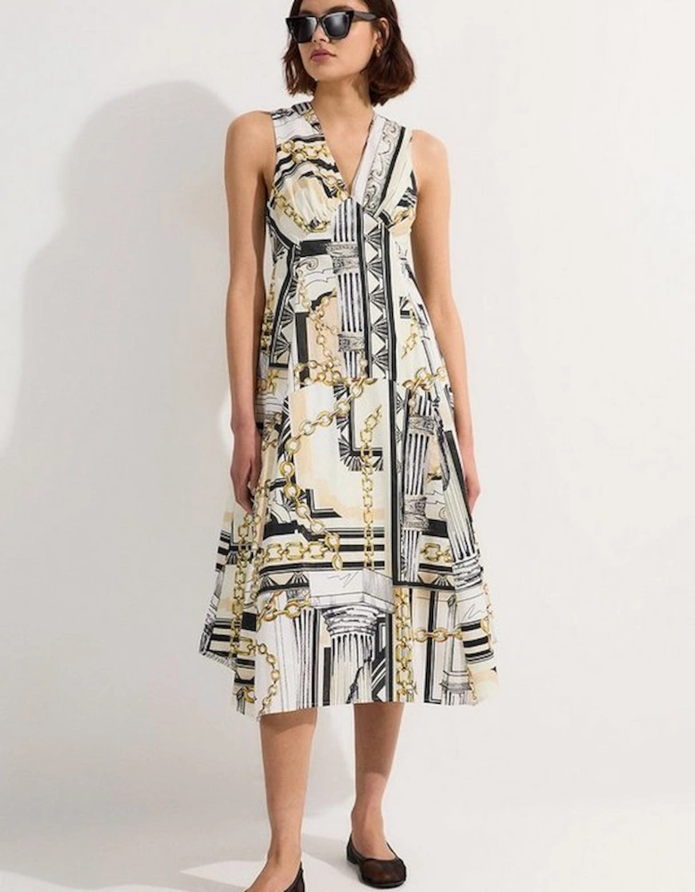 Roma Print Cotton Sateen Dipped Hem Woven Midi Dress