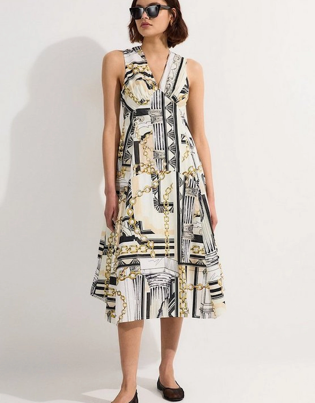 Roma Print Cotton Sateen Dipped Hem Woven Midi Dress