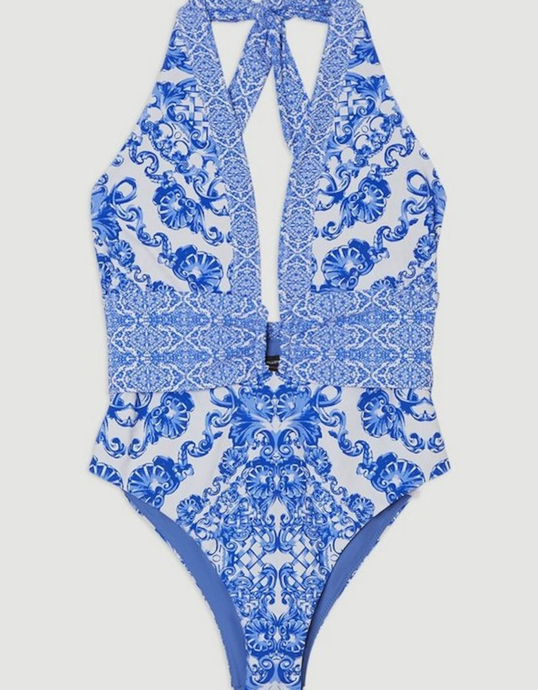 Blue Scarf Print Plunge Swimsuit