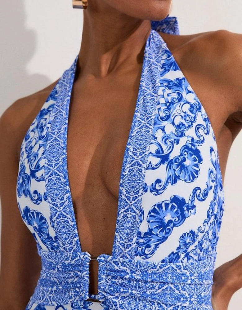 Blue Scarf Print Plunge Swimsuit