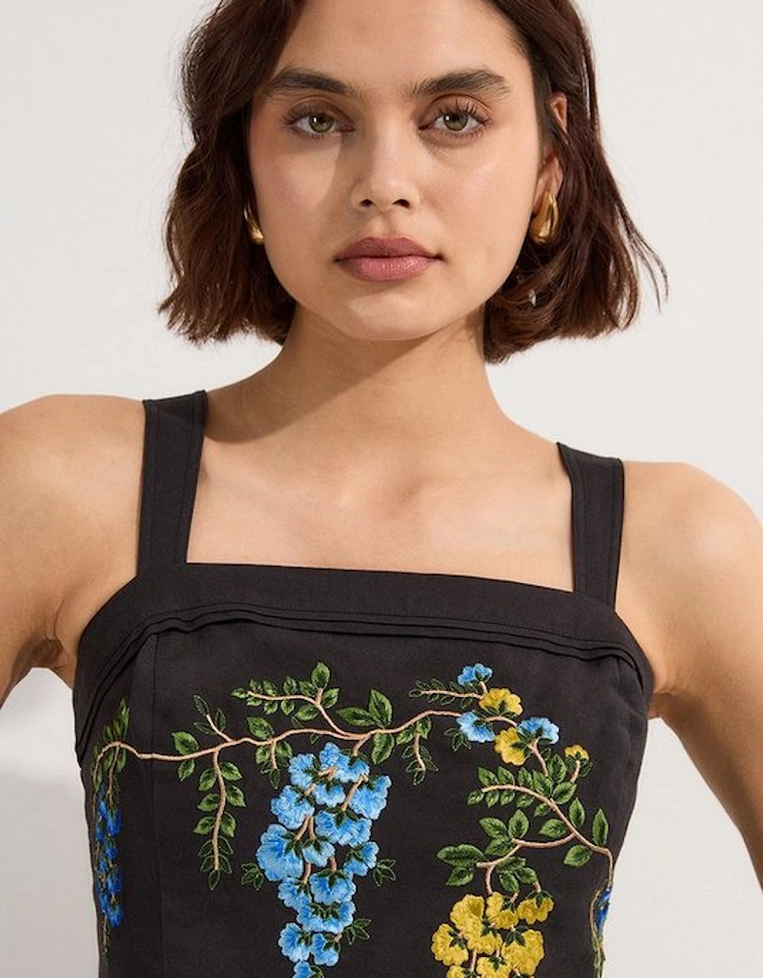 Tall Floral Embroidered Woven Strappy Top