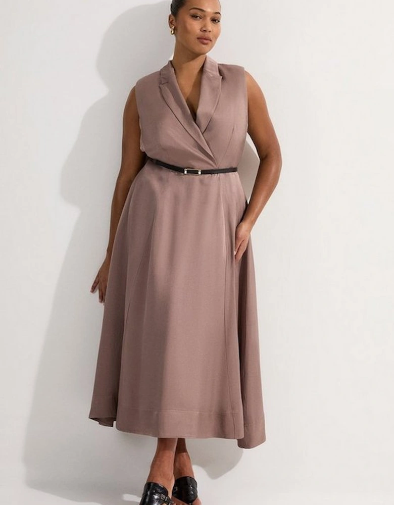 Plus Size Premium Viscose Linen Tailored Full Skirt Midi Dress