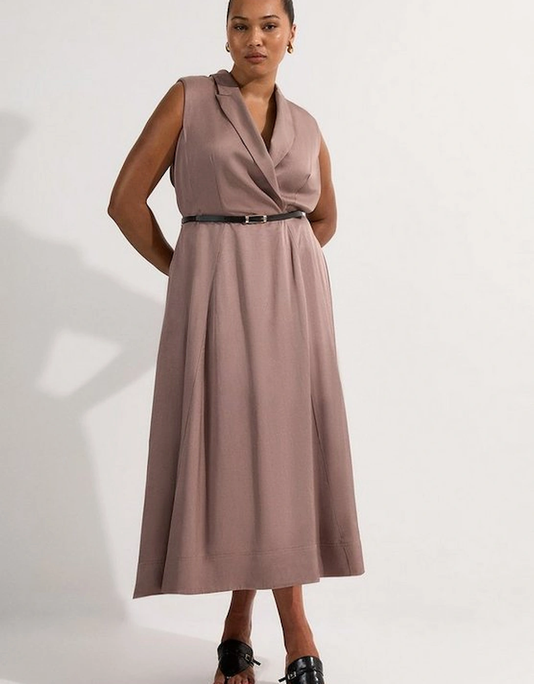 Plus Size Premium Viscose Linen Tailored Full Skirt Midi Dress