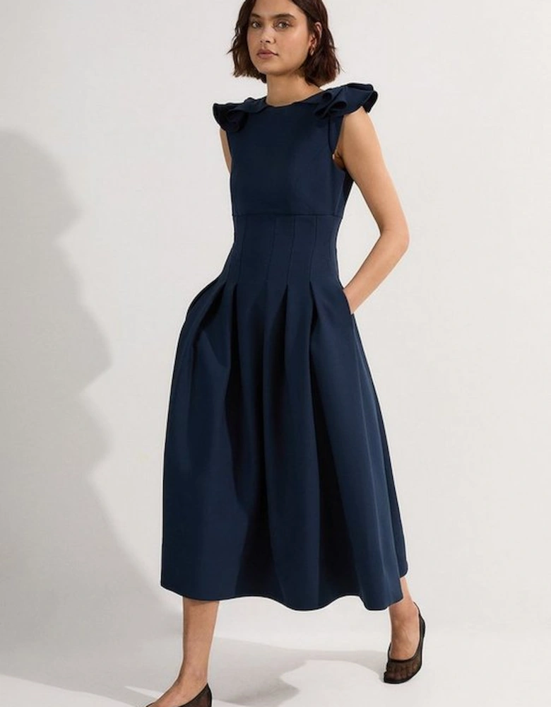 Structured Crepe Ruffle Shoulder Tailored Full Skirted Midi Dress