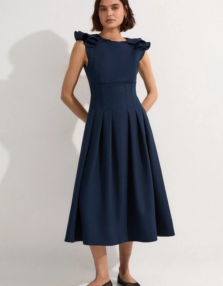 Structured Crepe Ruffle Shoulder Tailored Full Skirted Midi Dress