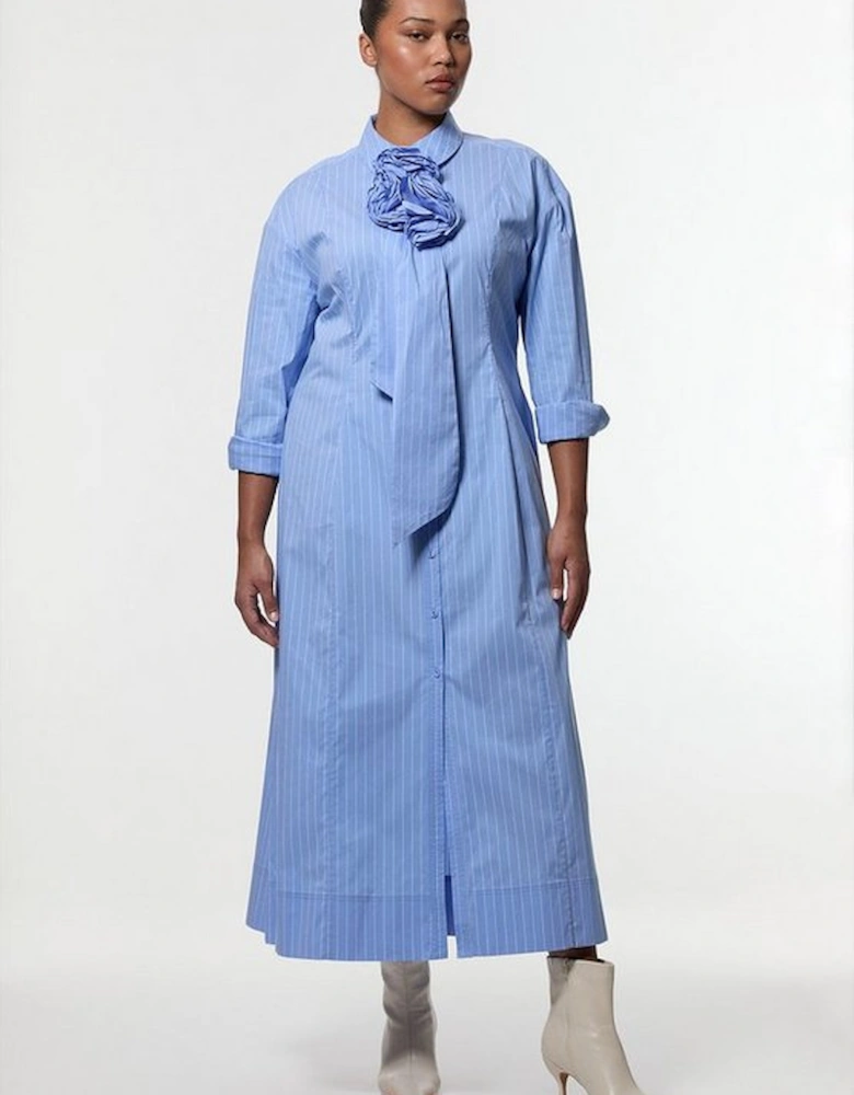 Plus Size Stripe Cotton Rosette Woven Shirt Maxi Dress