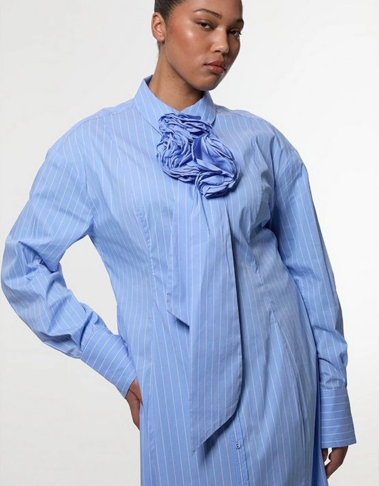 Plus Size Stripe Cotton Rosette Woven Shirt Maxi Dress