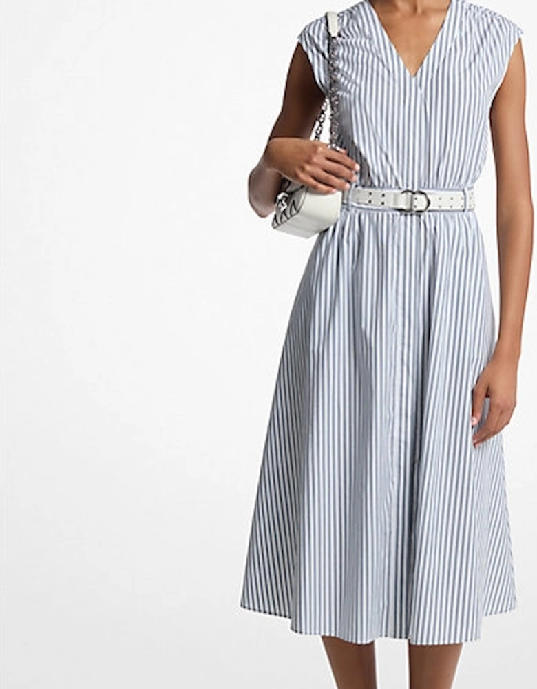 Striped Cotton Poplin Belted Midi Dress