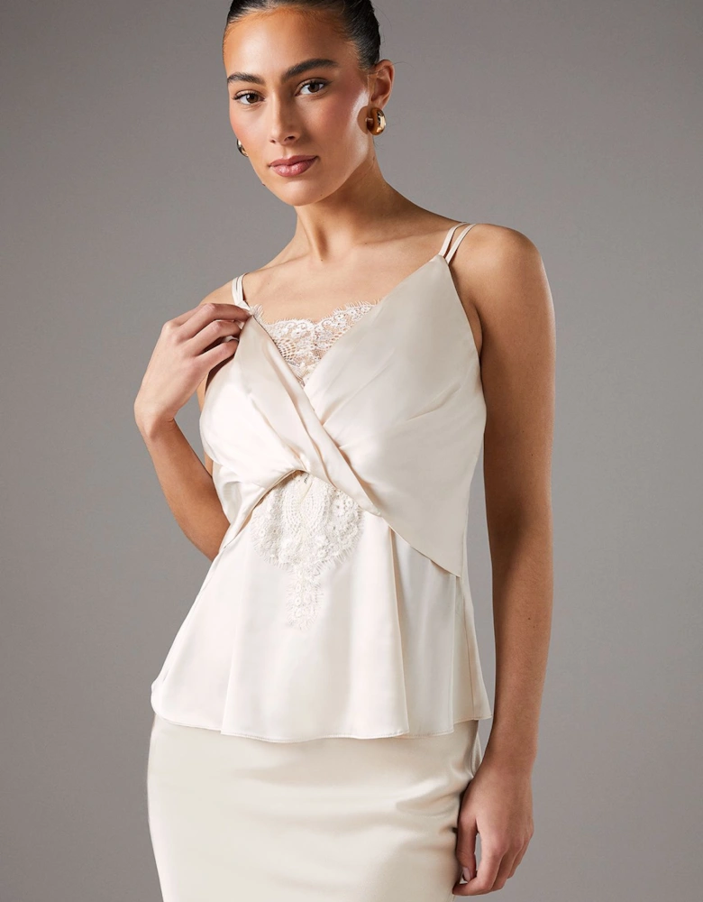 Lace Insert Wrap Front Satin Vest