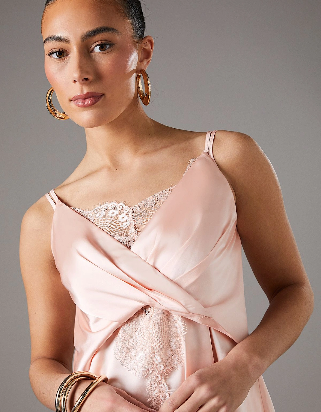 Lace Insert Wrap Front Satin Vest