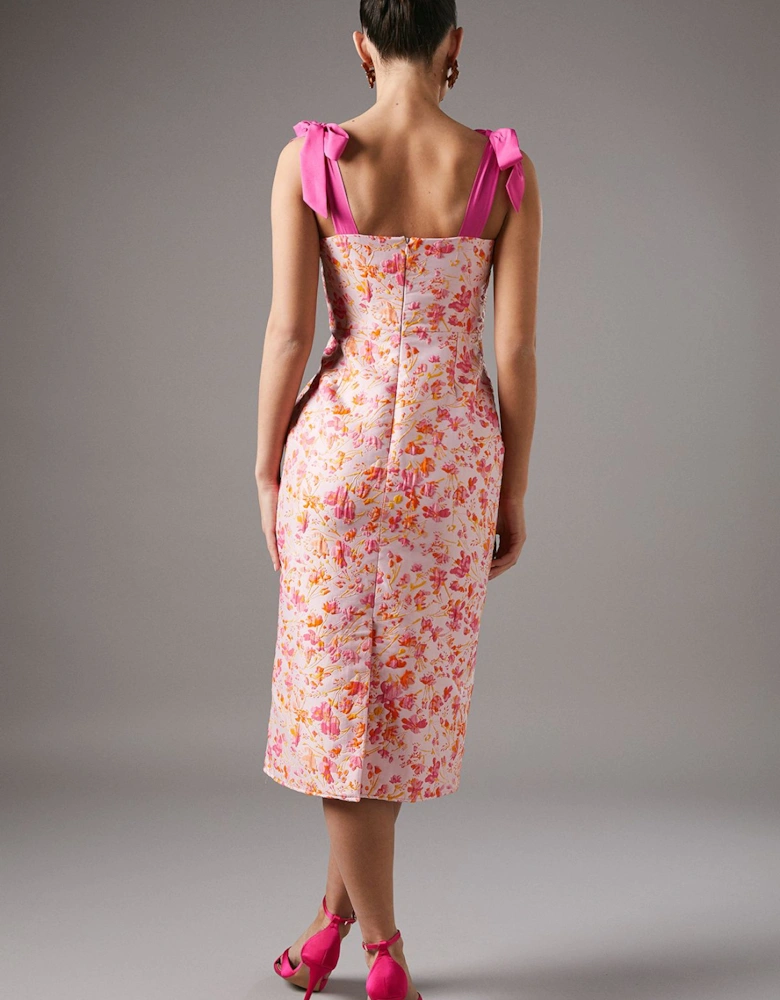 Ditsy Floral Jacquard Dress With Shoulder Ties