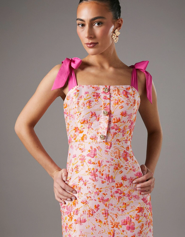 Ditsy Floral Jacquard Dress With Shoulder Ties