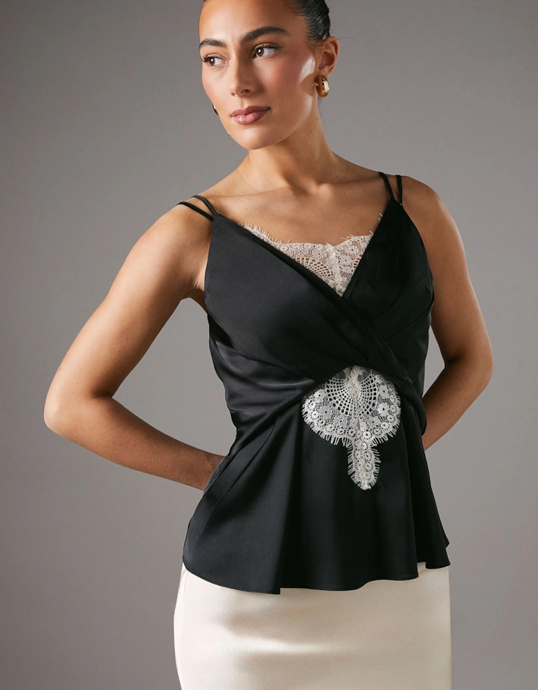 Lace Insert Wrap Front Satin Vest