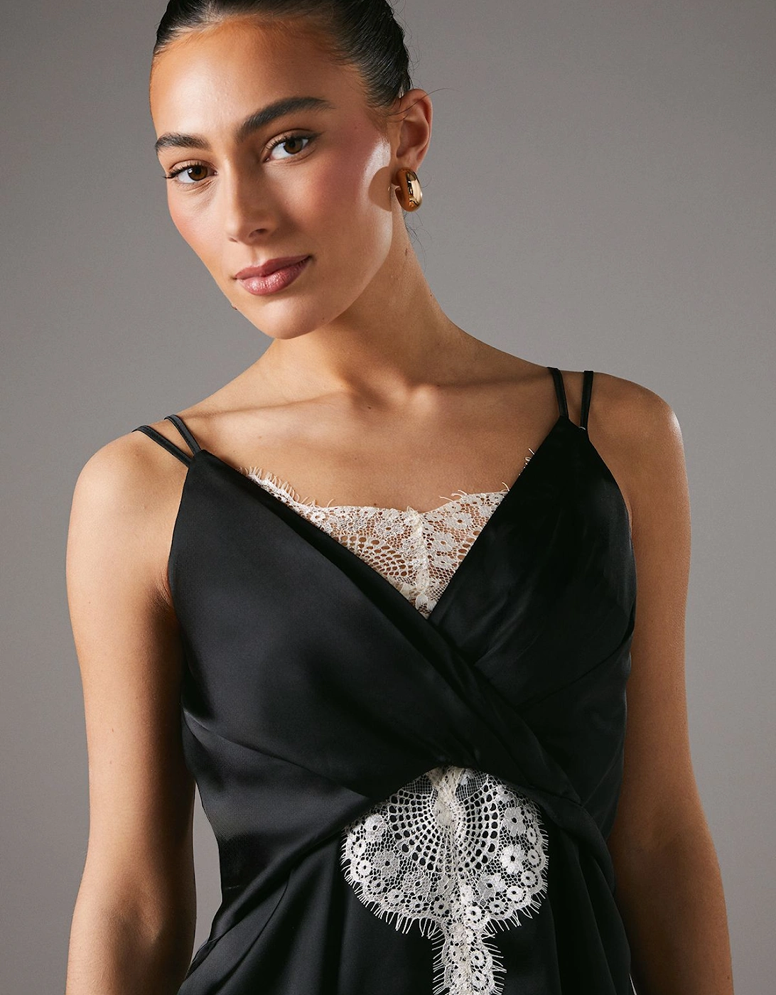 Lace Insert Wrap Front Satin Vest