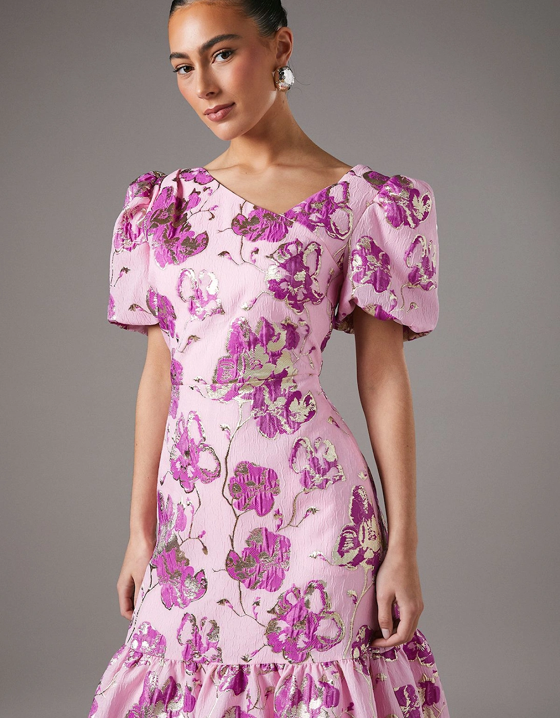 Pink Metallic Floral Jacquard Dress