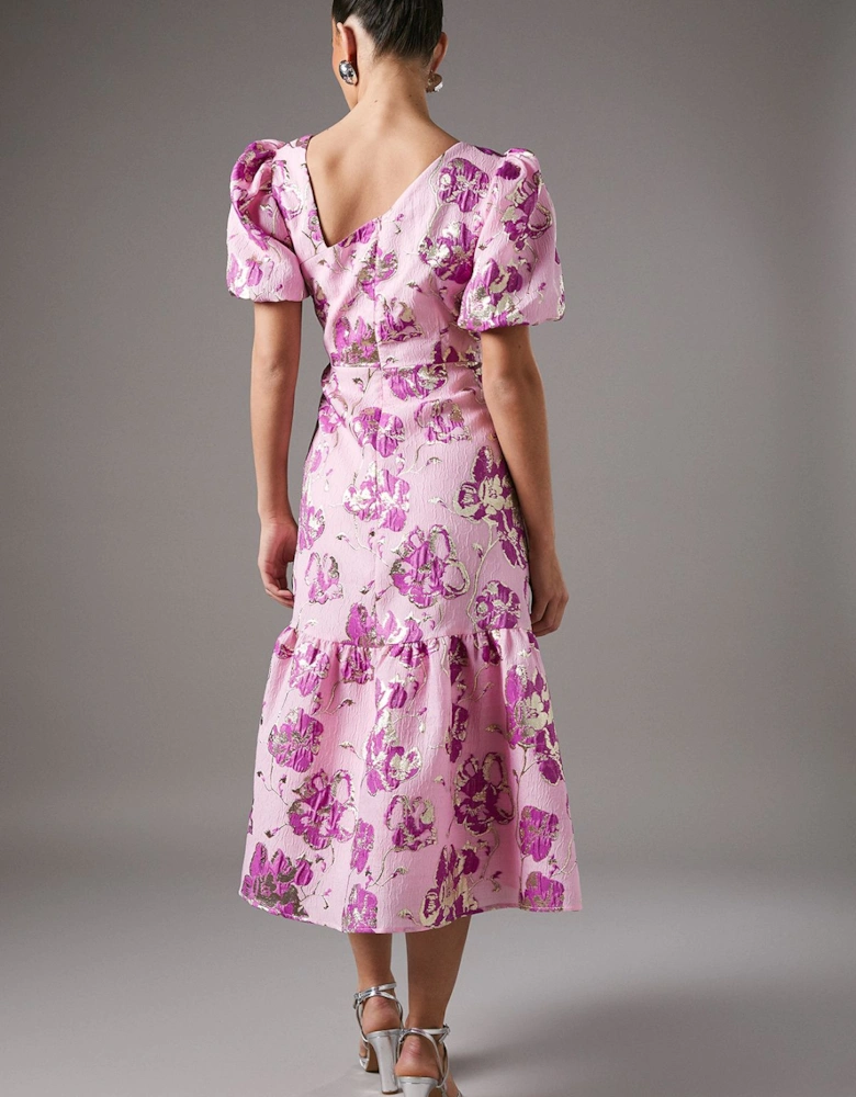 Pink Metallic Floral Jacquard Dress