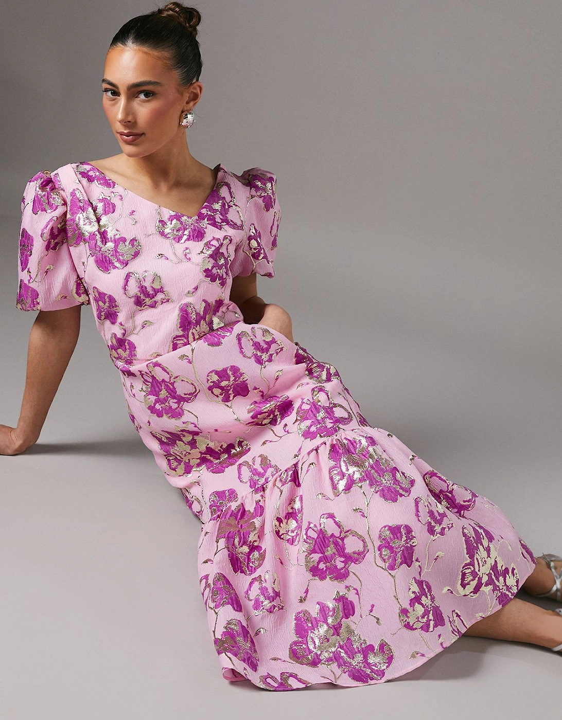 Pink Metallic Floral Jacquard Dress