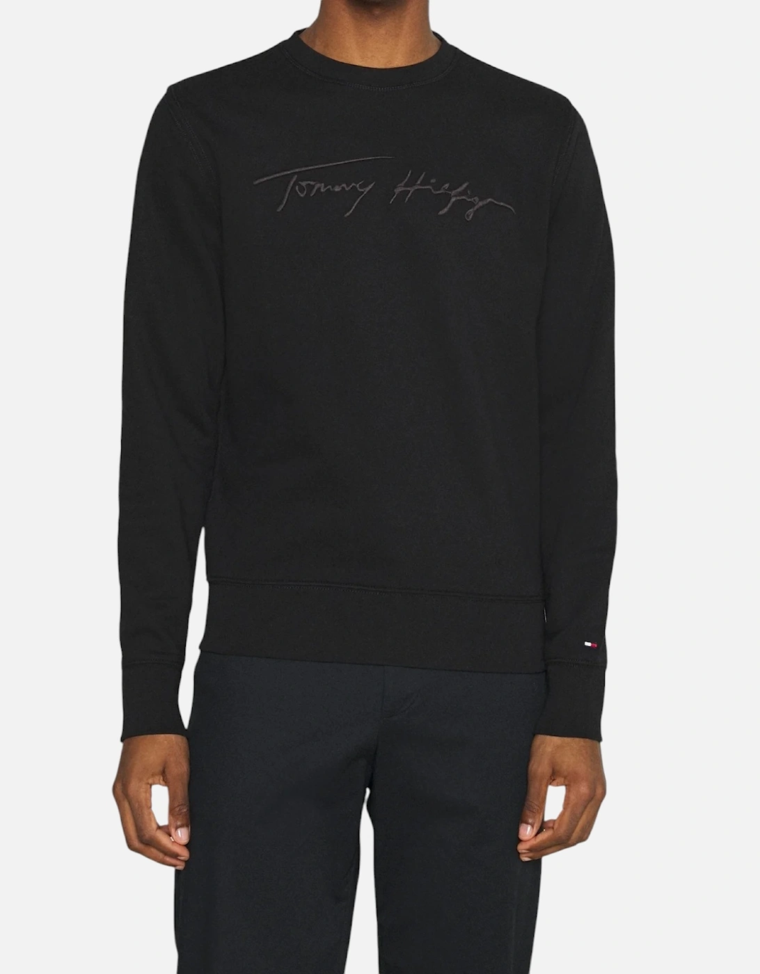 Tommy Hilfiger Men's Black Sweatshirt Signature Embossed Logo Fleece Pullover Crew Neck - Size 38