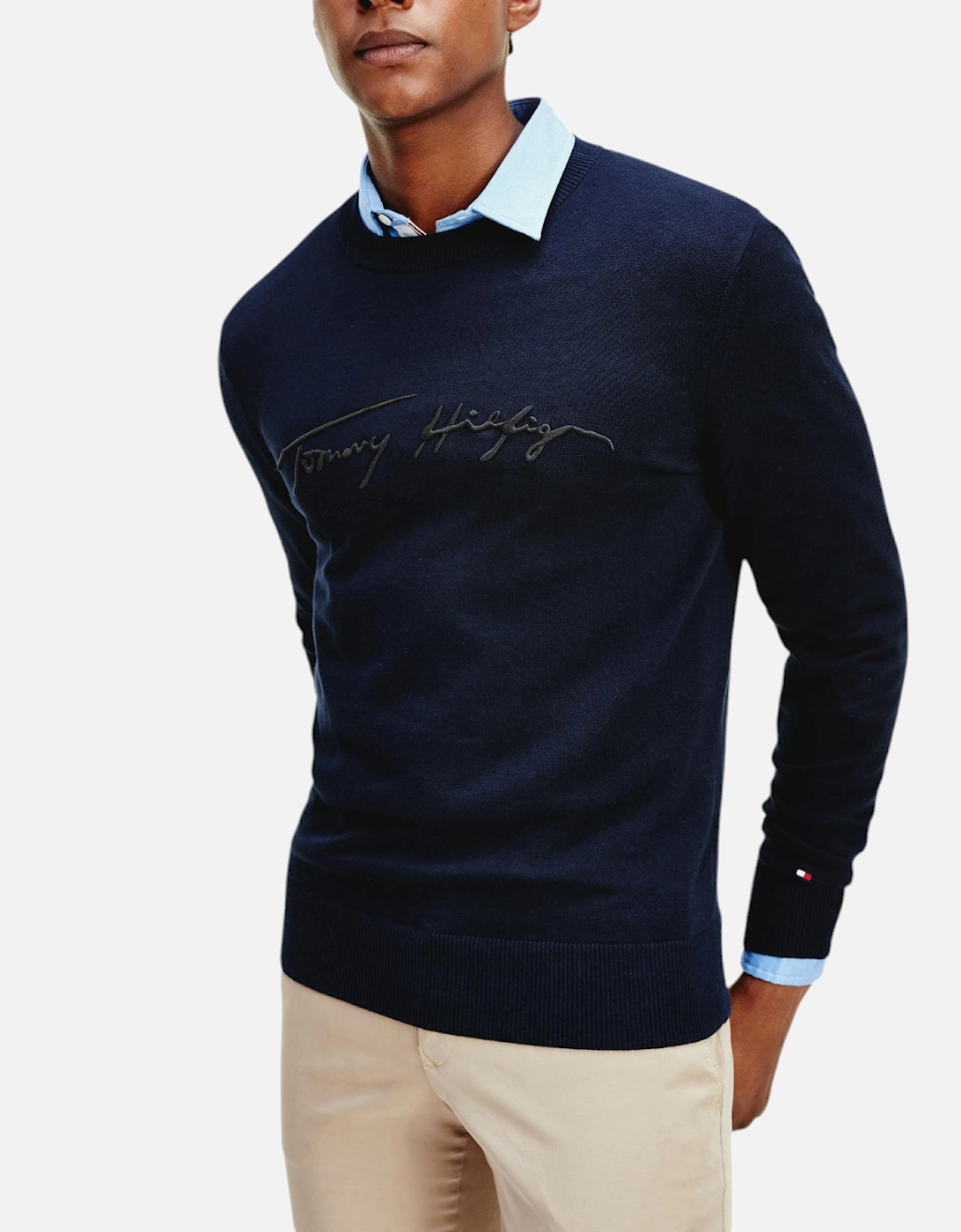 Tommy Hilfiger Men's Blue Sweatshirt Signature Embossed Logo Fleece Pullover Crew Neck - Size 44