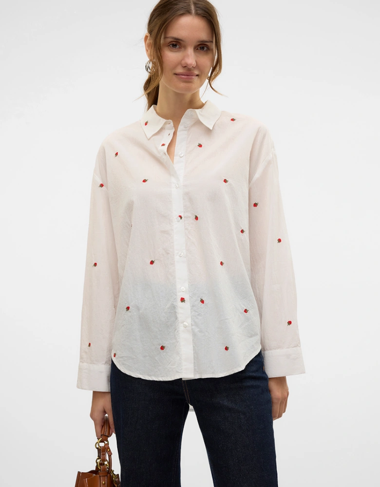 Odona Long Sleeve Shirt Snow White Embroidered Strawberries