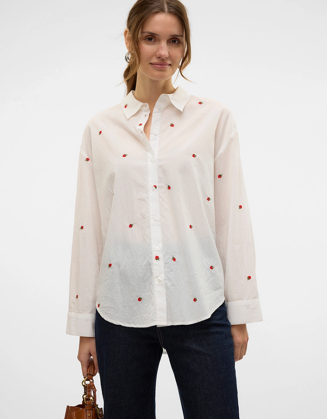 Odona Long Sleeve Shirt Snow White Embroidered Strawberries, 7 of 6