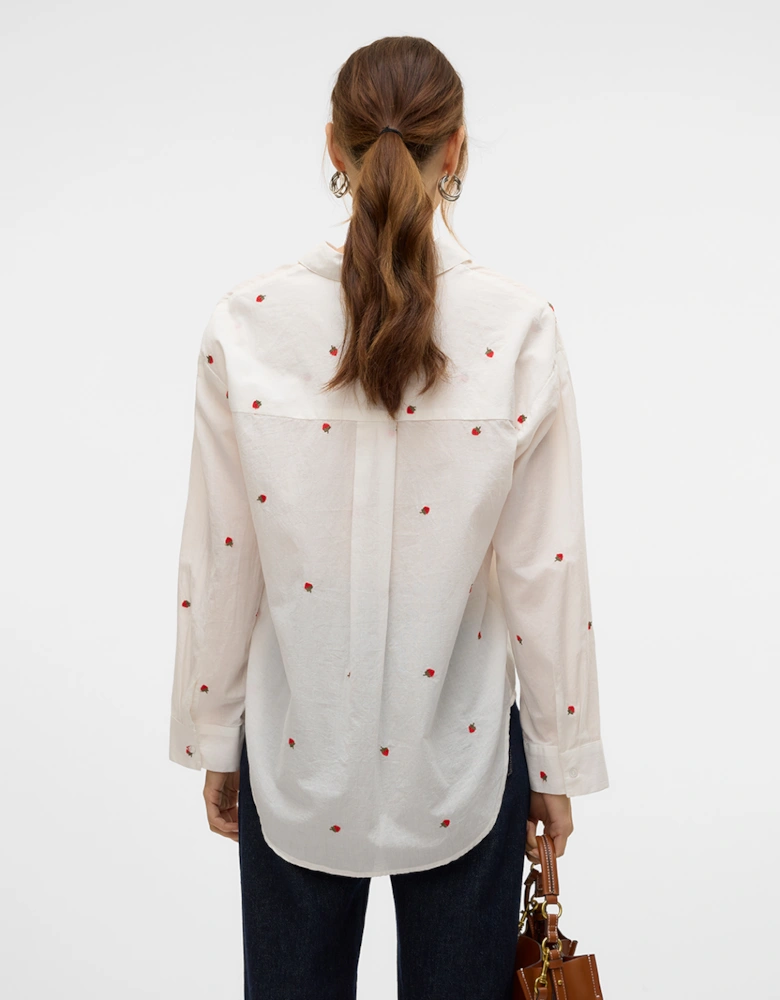 Odona Long Sleeve Shirt Snow White Embroidered Strawberries