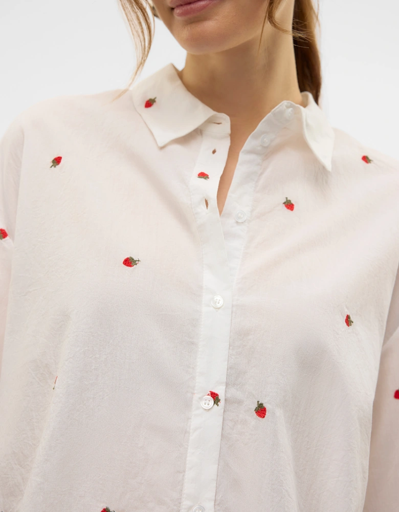 Odona Long Sleeve Shirt Snow White Embroidered Strawberries