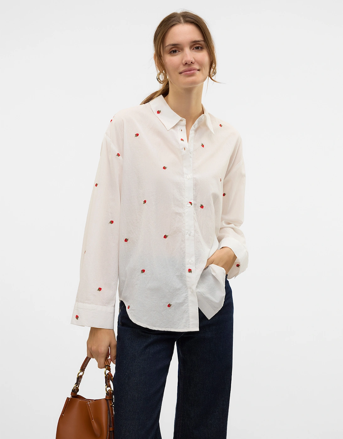 Odona Long Sleeve Shirt Snow White Embroidered Strawberries