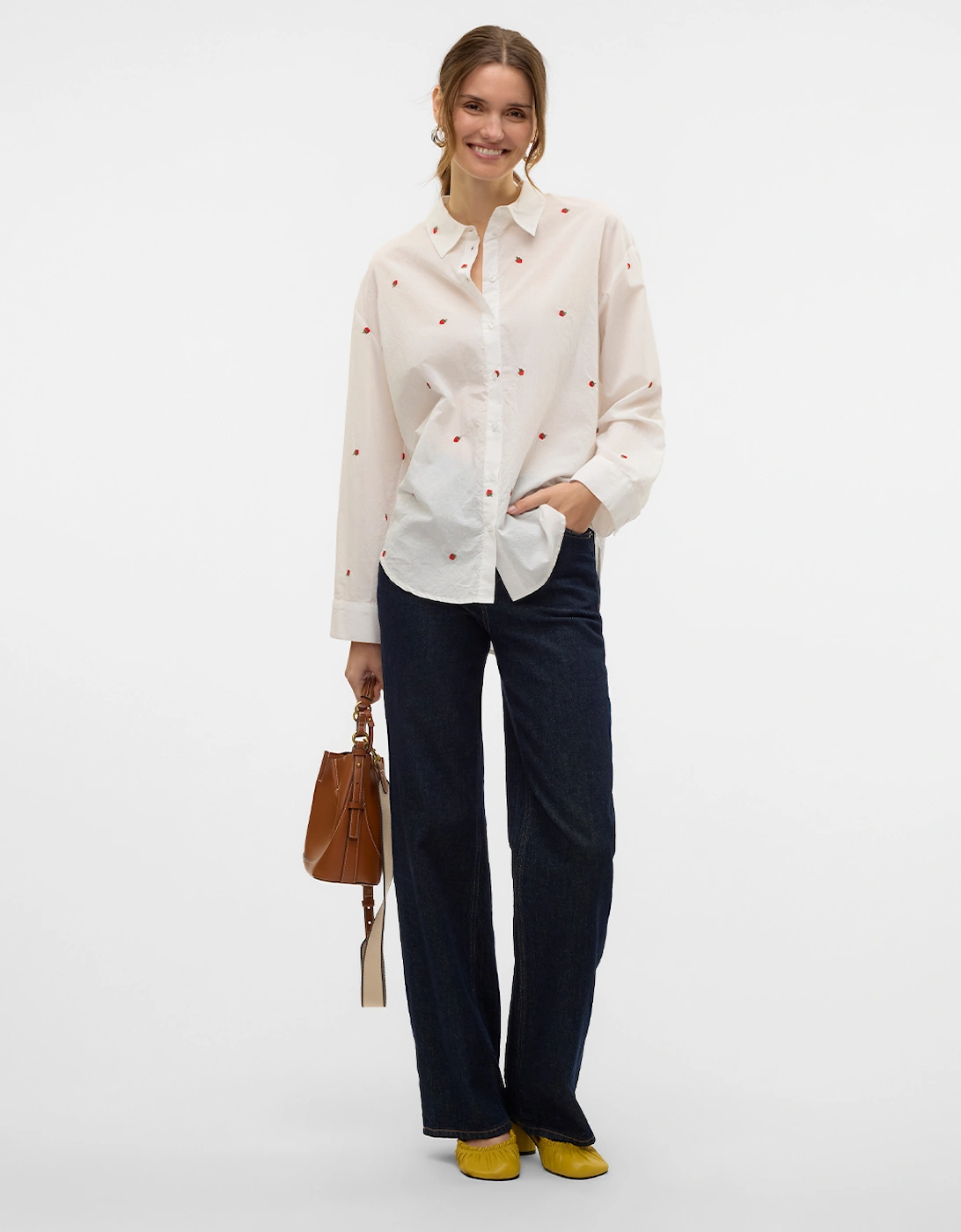 Odona Long Sleeve Shirt Snow White Embroidered Strawberries