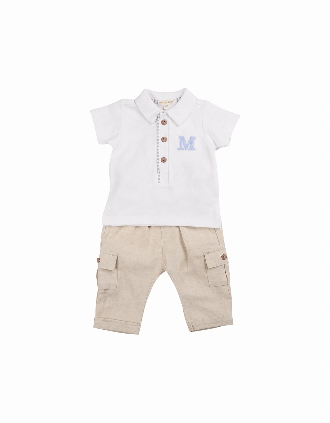 Boys Beige Linen Polo Pant Set, 4 of 3